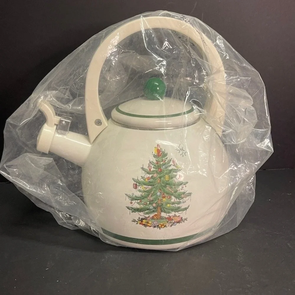 Vtg Spode Christmas Tree 2.5 Qt Enamel Whistling Tea Kettle Pristine Unused